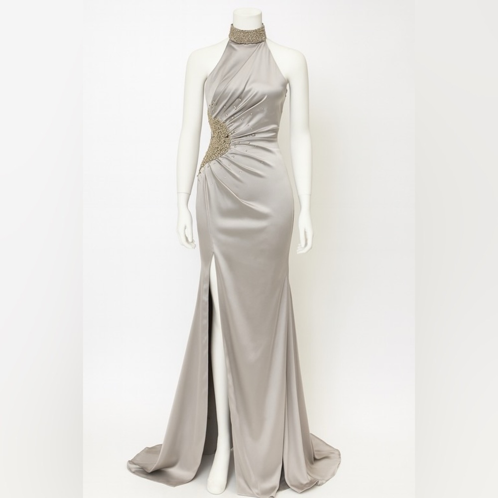 VALDRIN SAHITI Elegant Silver Evening Gown EMBELLISHED CUSTOM MADE